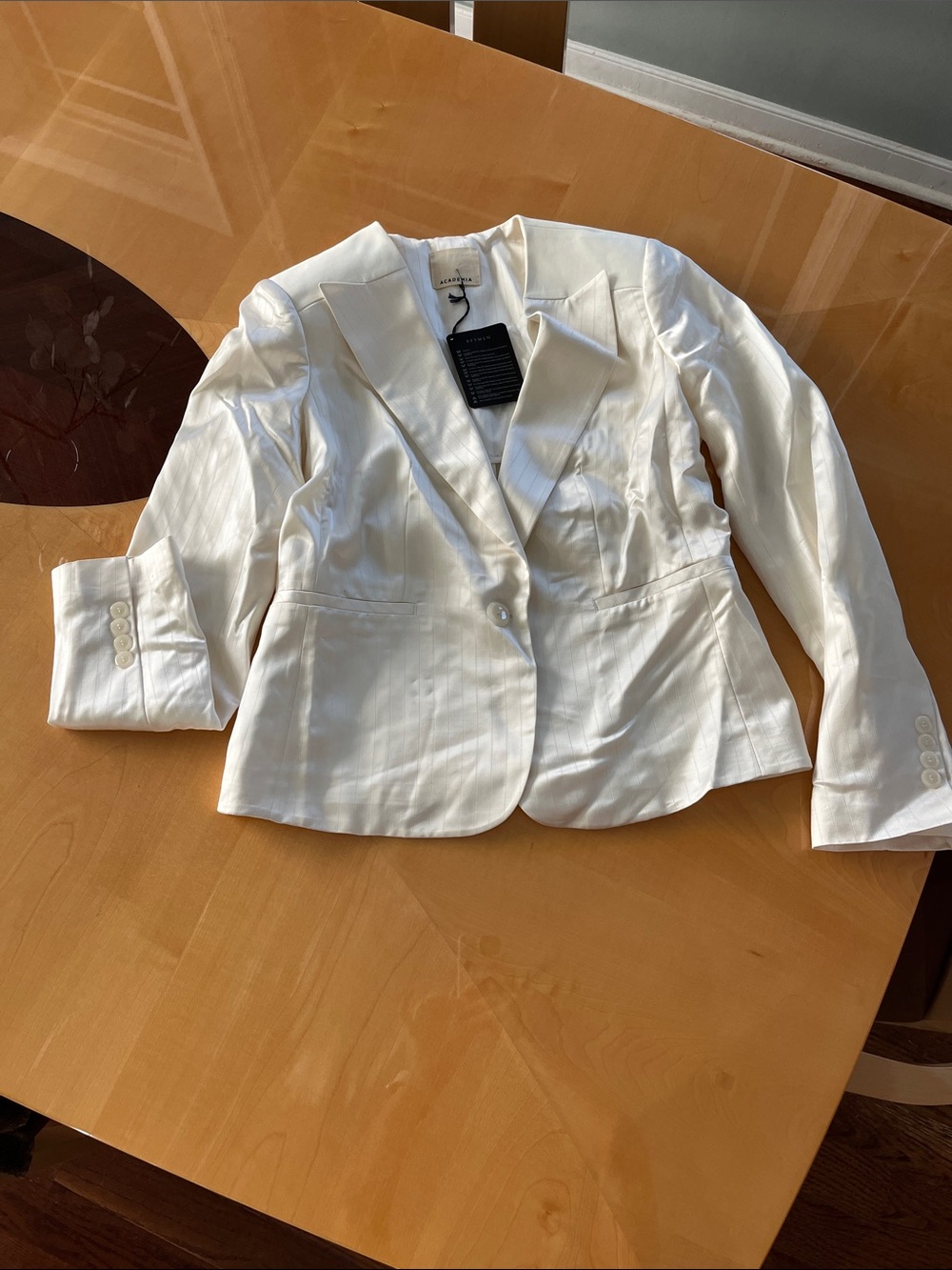 White Women's Satin Single-Button Blazer Jacket subtle stripes